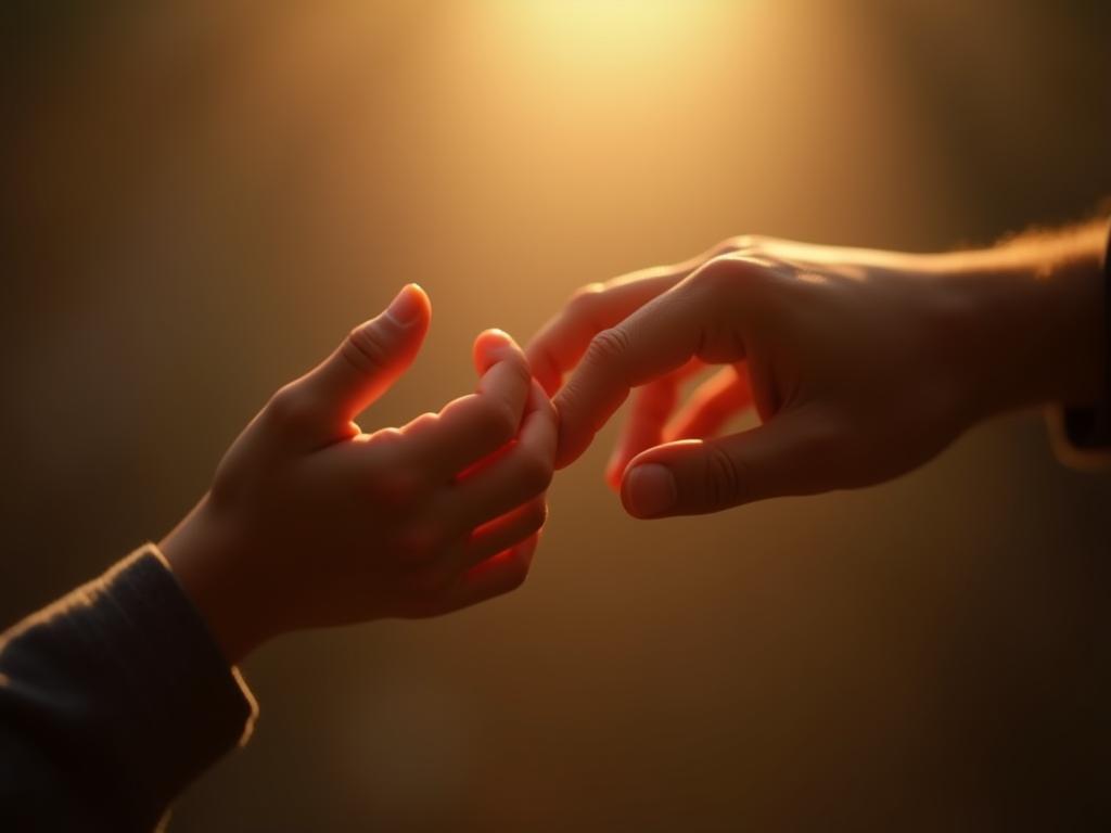 A close-up shot of two hands gently reaching towards each other, symbolizing connection and empathy. Soft, warm lighting enhances the feeling of understanding and mutual respect.