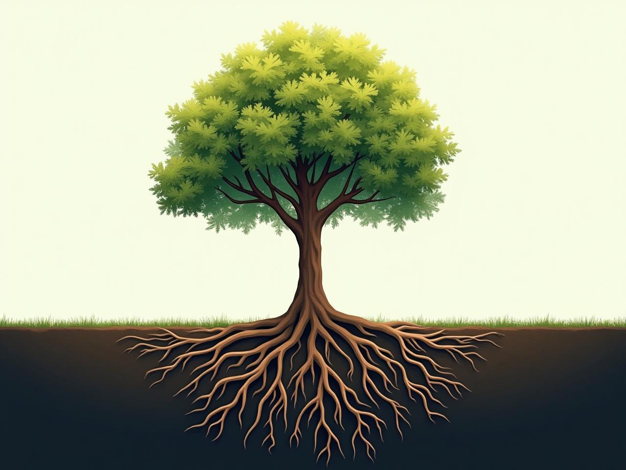 Image of a single tree with multiple roots extending deep into the ground, representing multiple income streams for a one-person business.