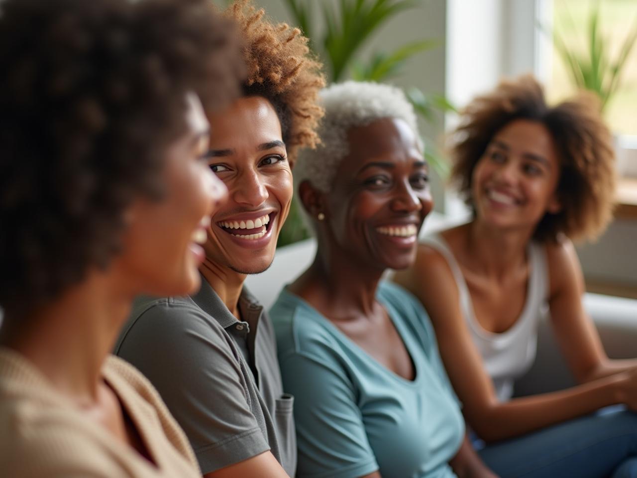 A group of diverse people smiling and engaging in conversation in a relaxed setting. The image conveys warmth, connection, and genuine interest in one another.