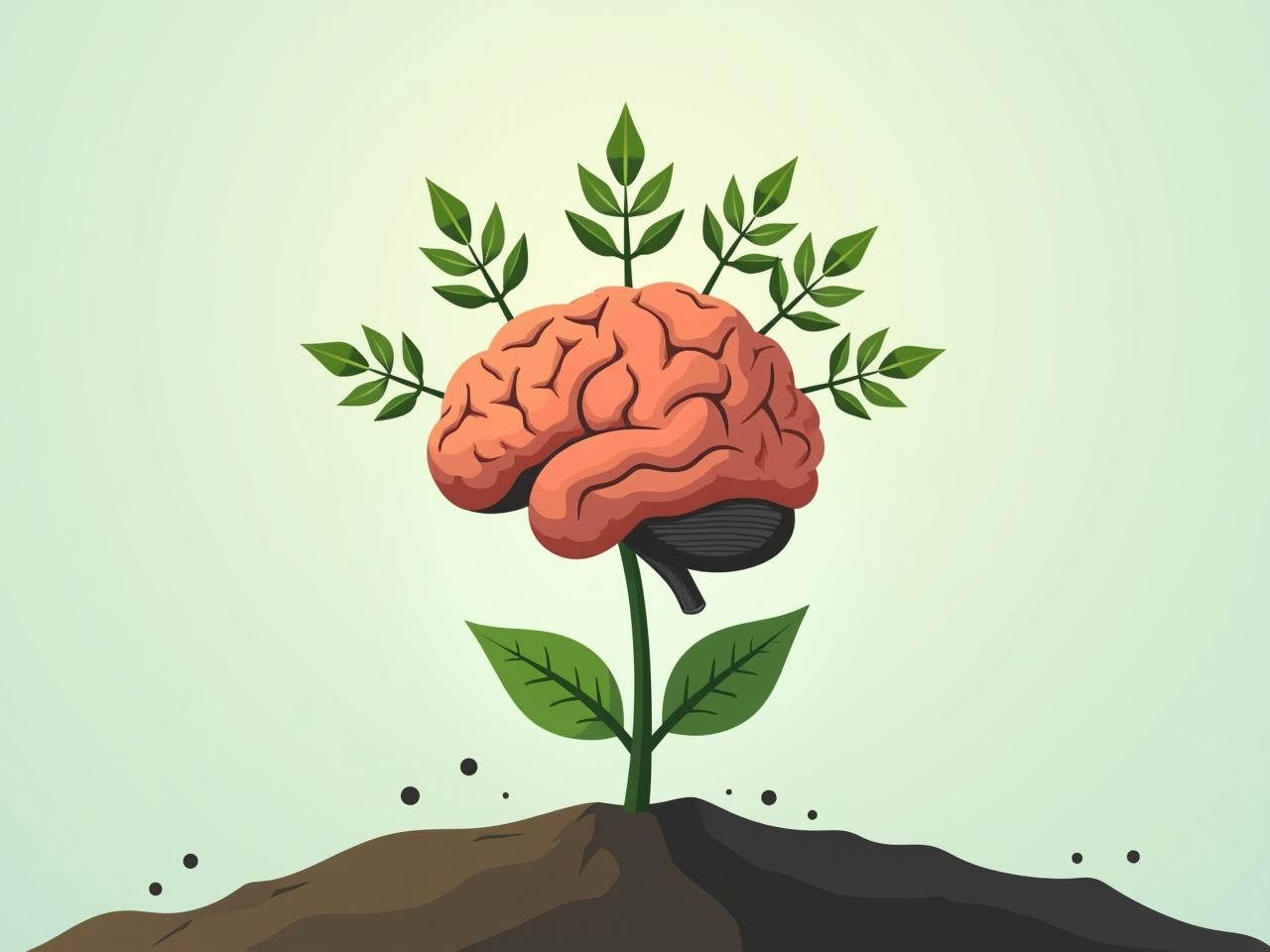 A brain growing like a plant, symbolizing the growth mindset concept from Carol Dwecks Mindset. The plant is flourishing with leaves that represent new skills and knowledge.