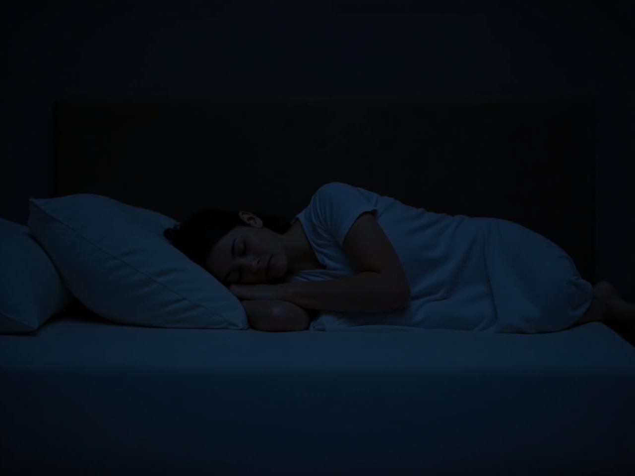Image of a person sleeping peacefully in a dark, quiet room. The image conveys a sense of relaxation and deep sleep. Keywords: Sleep, Rest, Relaxation, Peaceful, Night, Darkness, Bedroom, Mattress, Pillow.