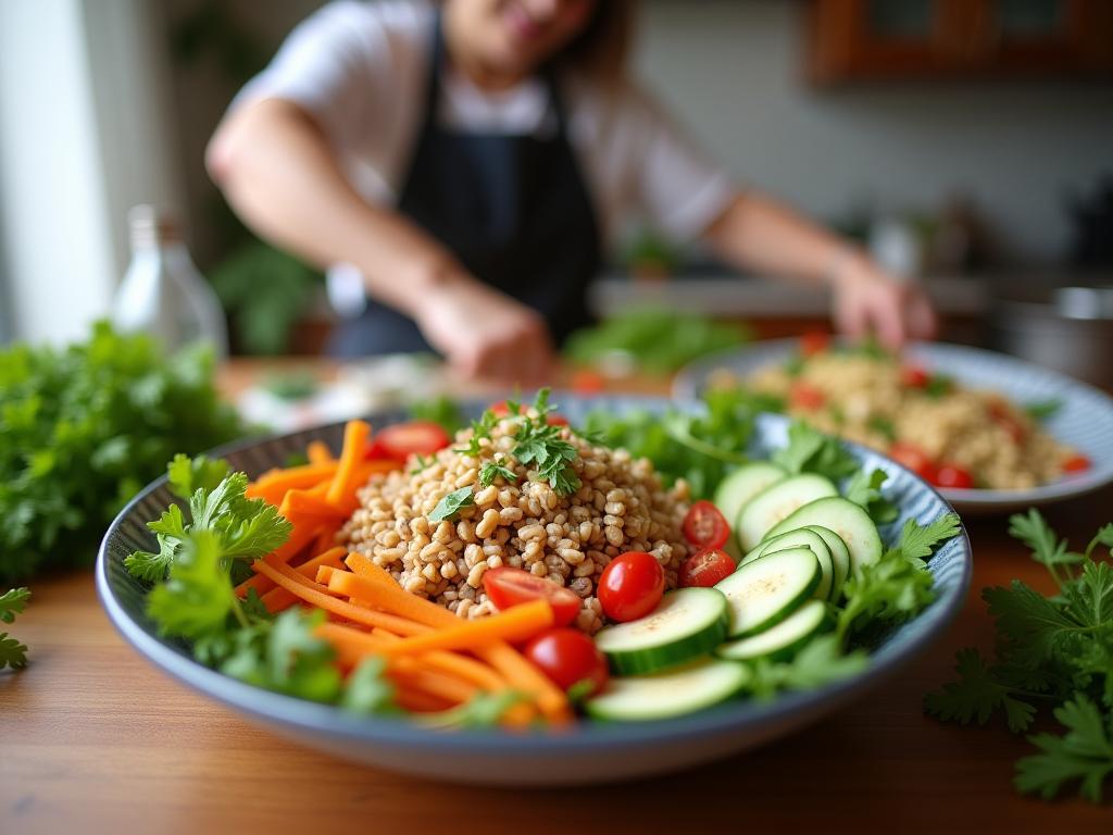 Close-up of a colorful salad with fresh vegetables, whole grains, and a smiling person preparing it in the background, representing healthy eating and home cooking.