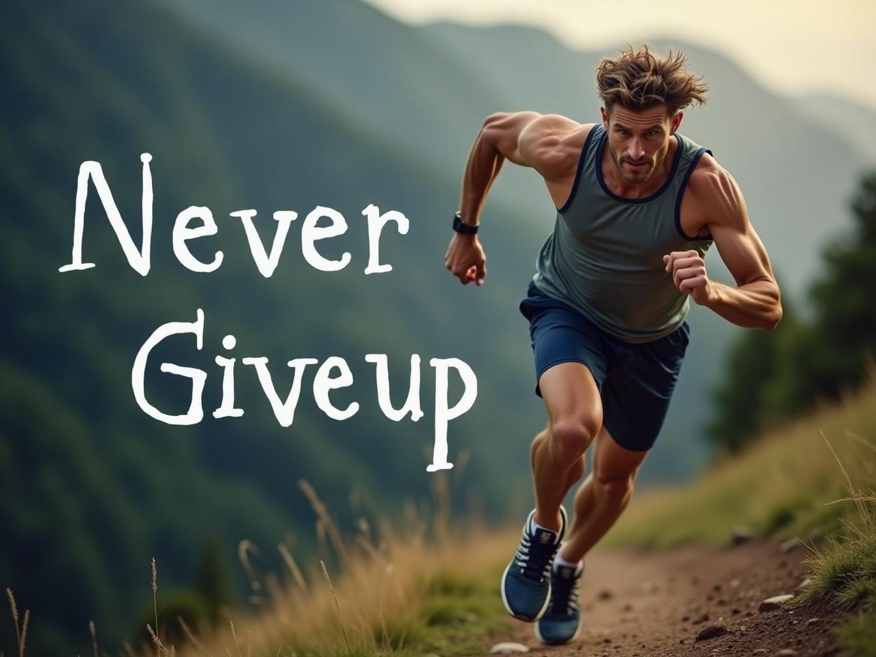 A determined athlete running uphill, symbolizing mental resilience and pushing through challenges. The background is blurred, highlighting the focus on the athletes strength and perseverance. Text overlay: Never Give Up