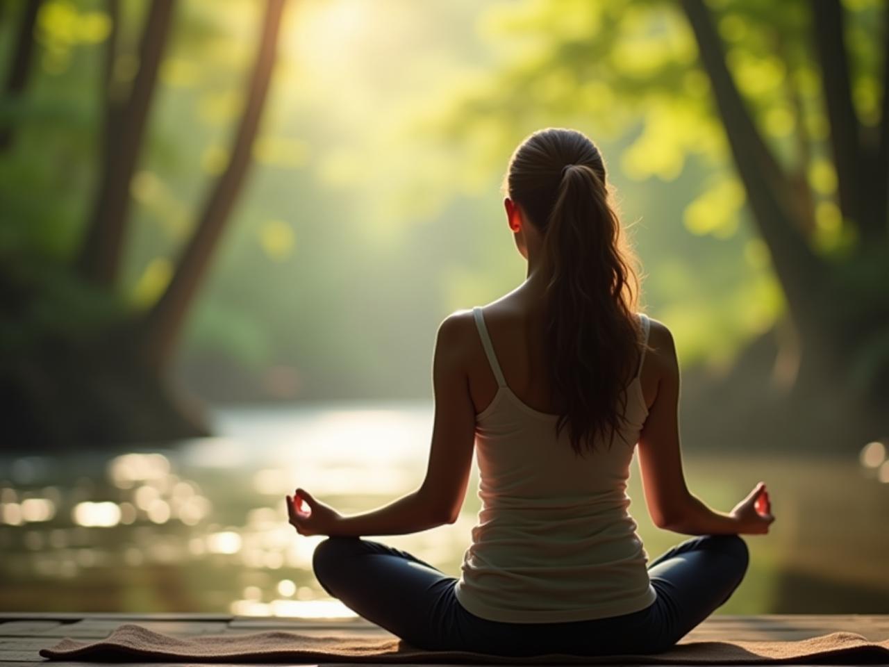 Person meditating in a peaceful environment, connected to nature. The image should evoke feelings of calmness, serenity, and inner peace. The background could be a forest, a beach, or a quiet room with soft lighting.