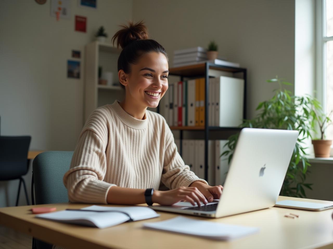 A person smiling and looking happy while working on a laptop in a bright and organized office. The scene evokes feelings of productivity and fulfillment.