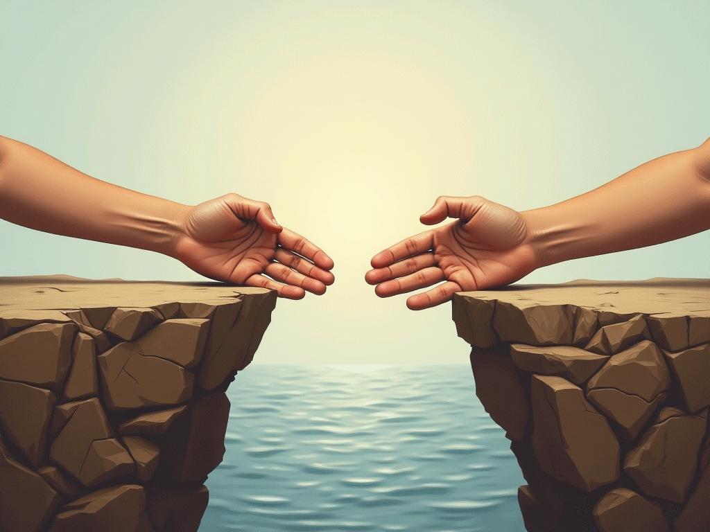 Two hands reaching across a gap to build a bridge. Symbolizes building understanding and connection.