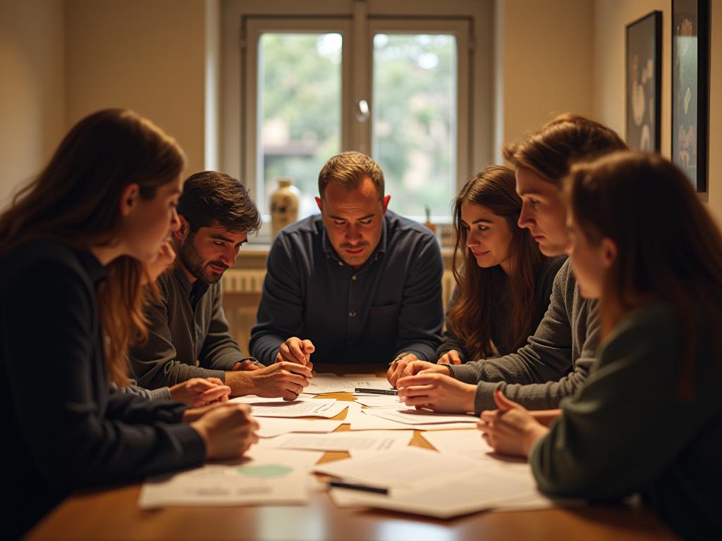 A group of diverse people collaborating on a project, with one person subtly guiding the conversation through thoughtful questions.