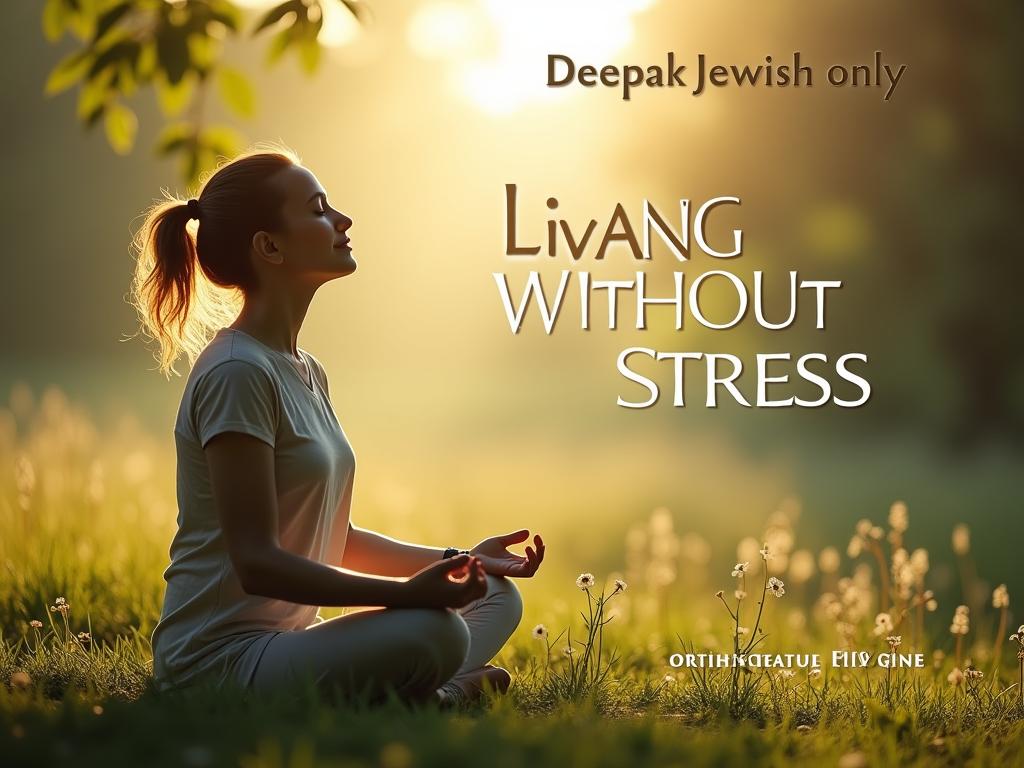 A serene image of someone meditating in nature, conveying peace and tranquility. The image includes the text Living Without Stress and the authors name, Deepak Chopra. The image includes the words Effortless Action.