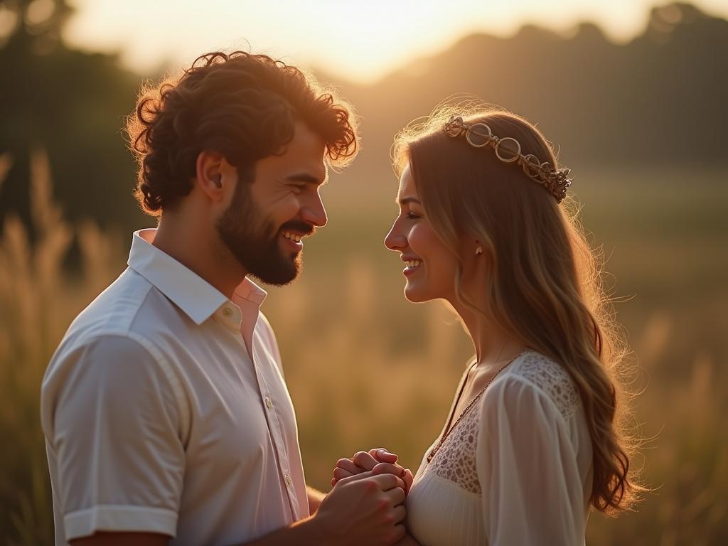 Couple holding hands, looking at each other with curiosity and affection, in a natural setting.