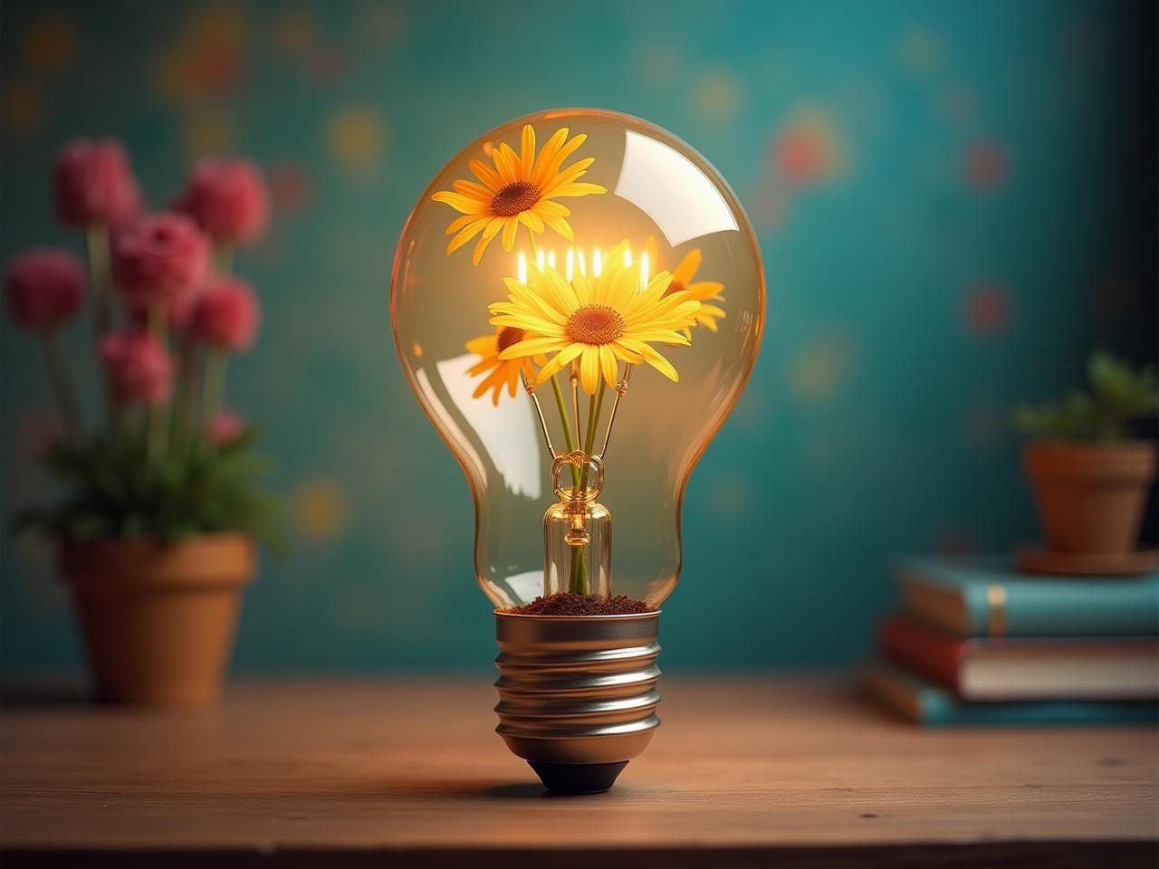 An image of a lightbulb sprouting flowers, symbolizing the growth of creativity through daily practice, based on the book The Big Leap by Gay Hendricks. The background is a colorful and inspiring workspace.