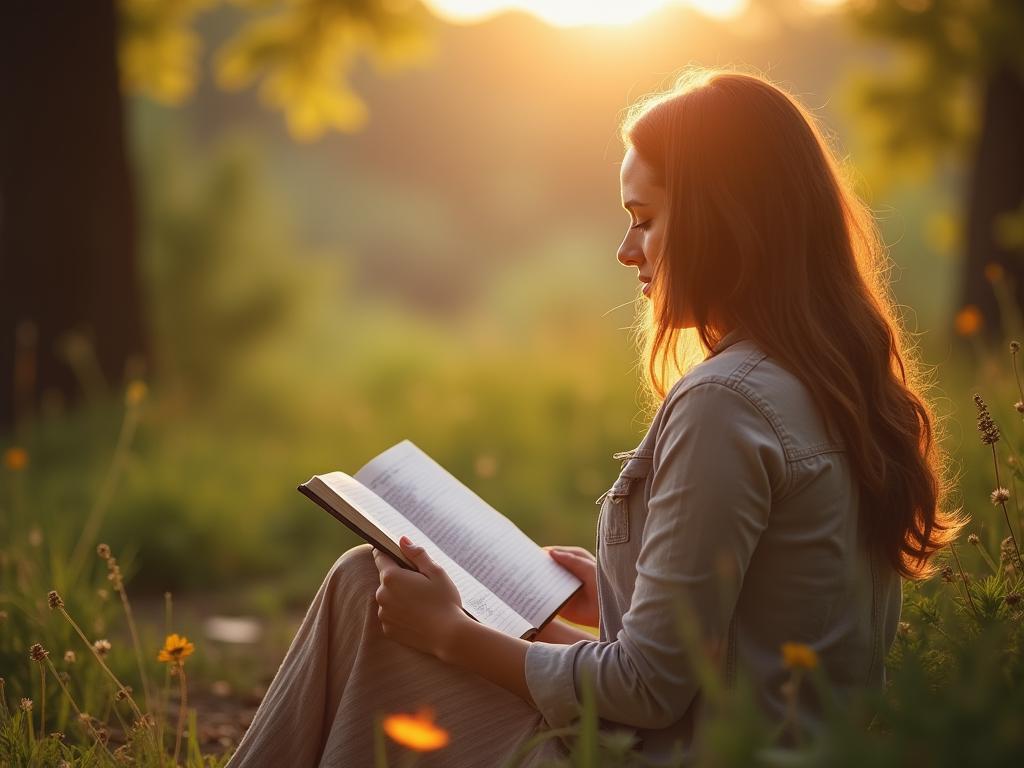 A person journaling outdoors in a peaceful setting, reflecting on what they are grateful for. Keywords: gratitude, journaling, mindfulness, stress relief, Deepak Chopra, healthy lifestyle.