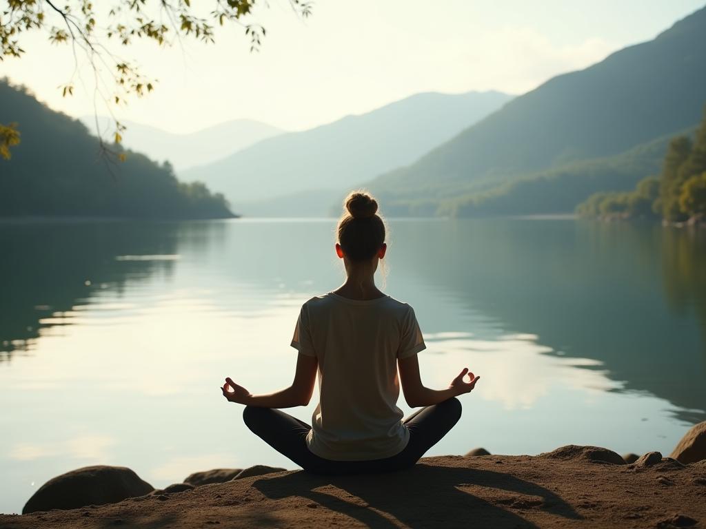 Image of a person meditating peacefully by a lake, representing emotional renewal and calm. Keywords: emotional renewal, meditation, calm, lake, nature, Daniel Goleman, Emotional Intelligence