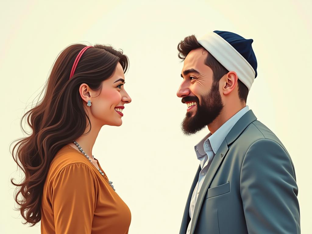 Two people talking to each other, one man and one woman, in a friendly manner.