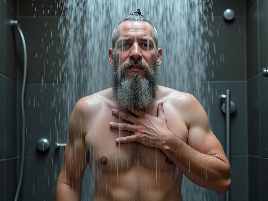 A person taking a cold shower, practicing the Wim Hof method. The image should convey a sense of invigorating challenge and mental strength.