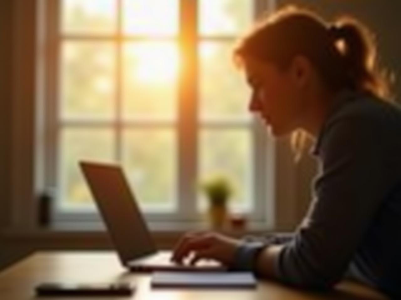 A person working on a laptop, with sunlight shining through a window, symbolizing focus and productivity despite internal doubts.