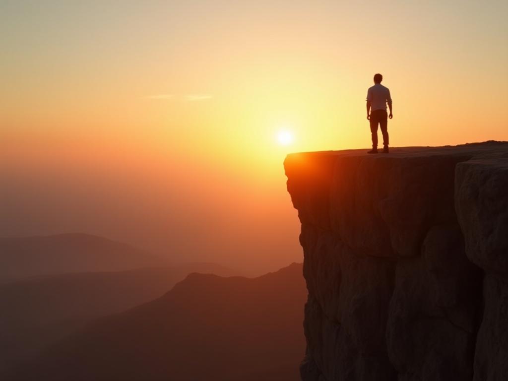 A person standing on the edge of a cliff, looking out at a vast landscape. The sun is setting, casting a warm glow over the scene. The image symbolizes overcoming fear and taking risks to achieve personal growth. The keywords are: overcoming fear, personal growth, risk-taking, adventure, will smith, boundless.