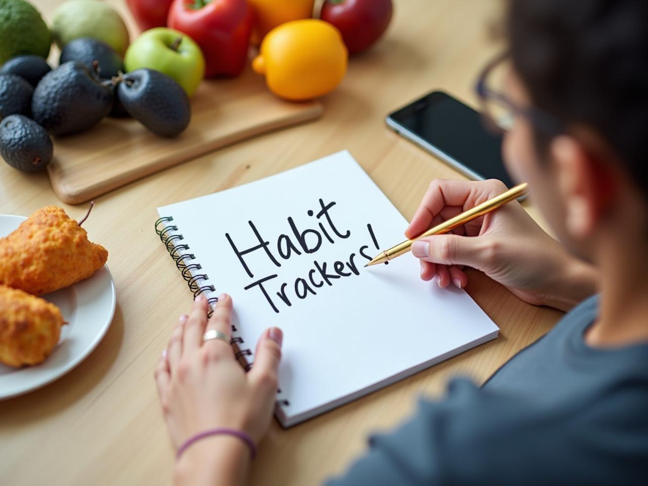 A person writing in a journal with the title Habit Tracker surrounded by healthy food and exercise equipment.