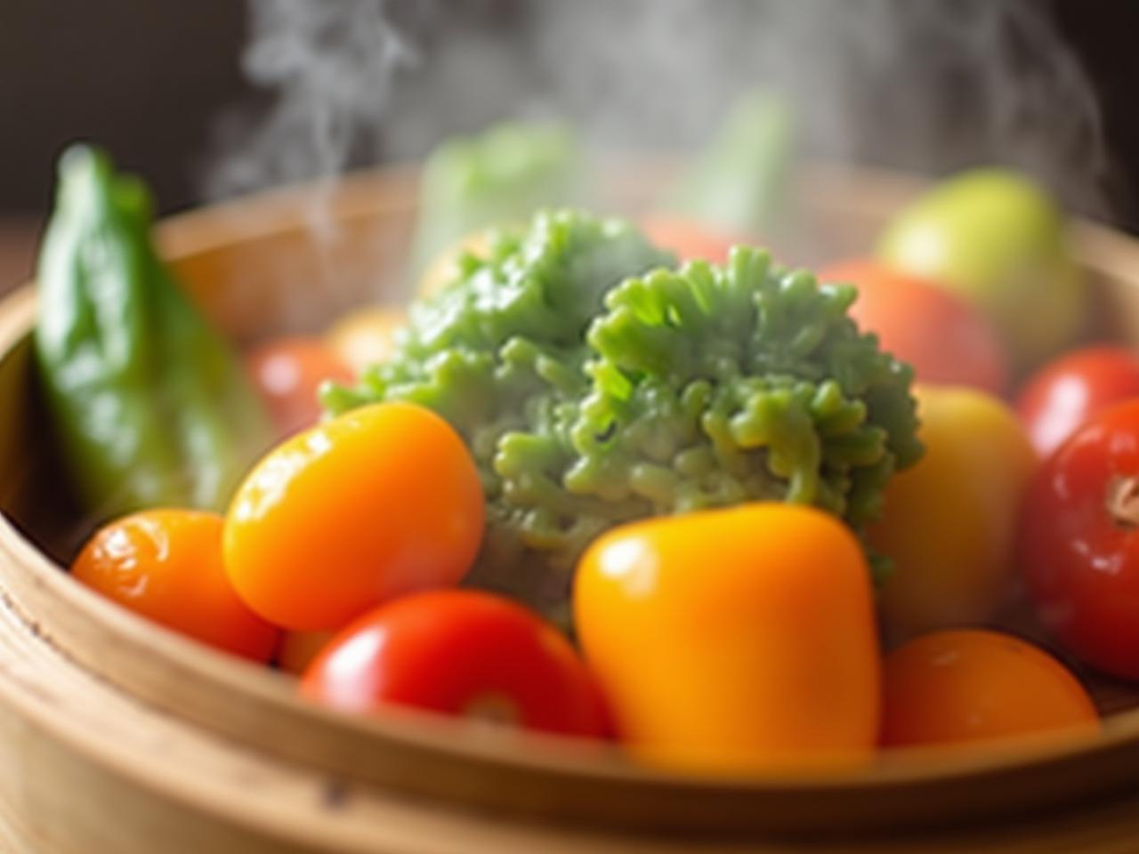 Close-up of fresh vegetables being steamed in a bamboo steamer, with vibrant colors and steam rising, symbolizing healthy cooking and the reduction of oil in food preparation. Keyphrases: Steaming vegetables, healthy cooking, oil reduction, plant-based diet, Dr. Greger.
