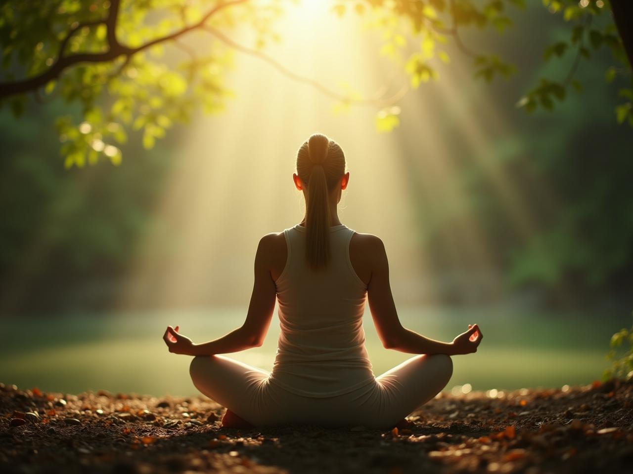 A person meditating in a peaceful environment, visualizing their body healing. The image is serene and calming, symbolizing the power of the mind-body connection for self-healing. Keywords: meditation, healing, mind-body connection, self-healing, peace, serenity.
