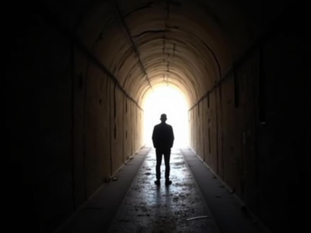A person looking towards a bright light at the end of a dark tunnel, symbolizing the search for meaning and hope.