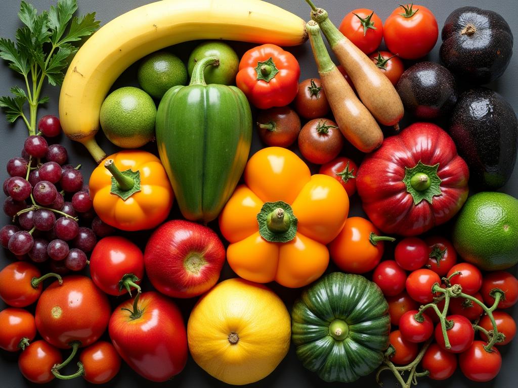 Variety of colorful fruits and vegetables arranged in a visually appealing display, symbolizing healthy eating and the Daily Dozen concept.
