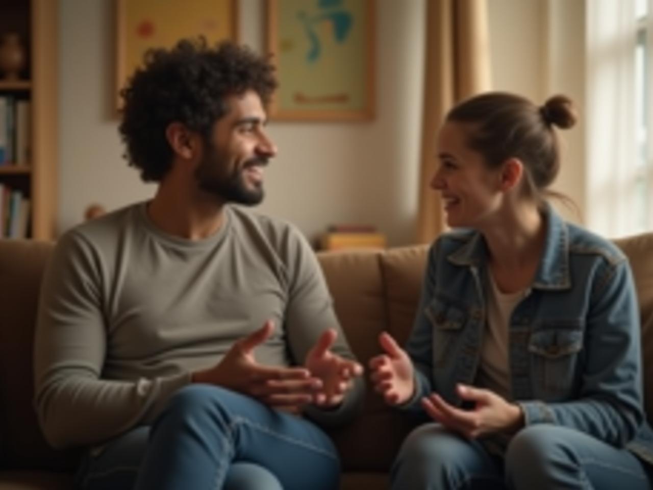 A person sitting on a couch, listening attentively to another person who is speaking animatedly, with a blurred background of a warm and inviting living room.