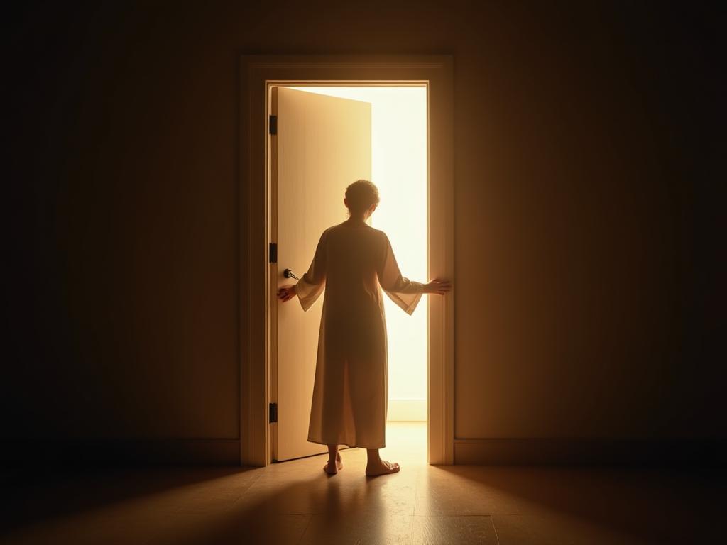 A person opening a door with light shining through, symbolizing vulnerability and the potential for connection.