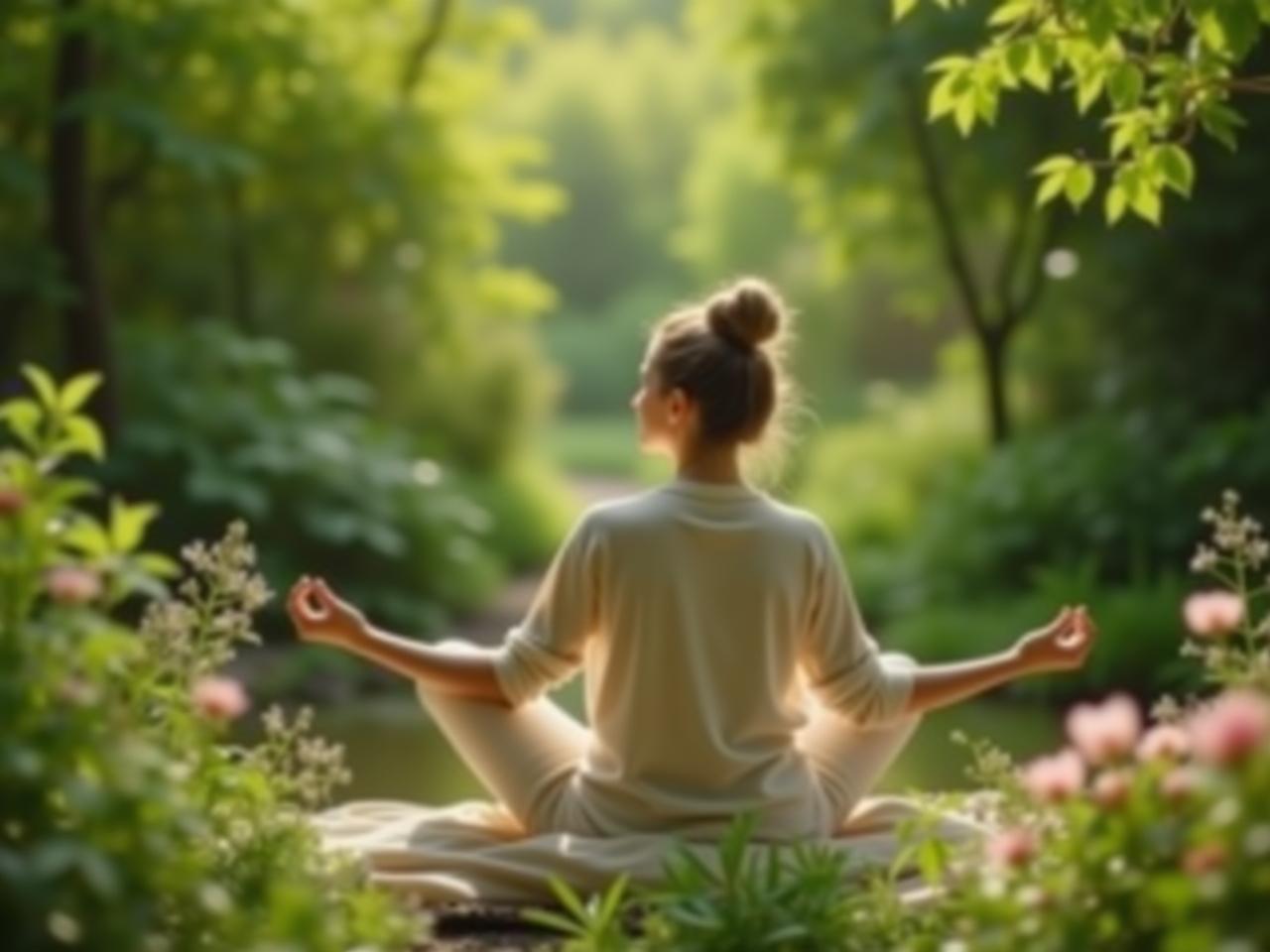 A serene woman meditating in a peaceful garden, surrounded by greenery and flowers. The image evokes a sense of calm and tranquility.
