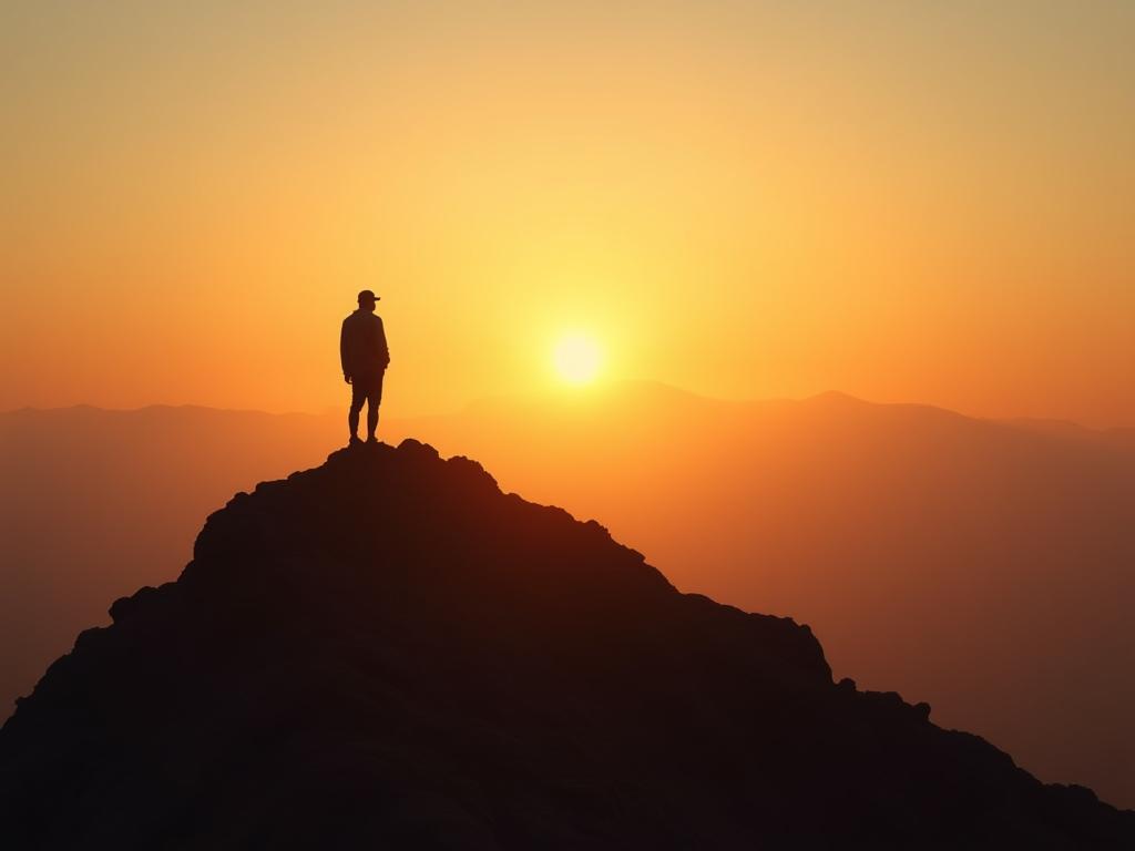 Person standing on a mountain peak at sunset, looking towards a bright future, symbolizing finding purpose and direction in life. The image should evoke feelings of hope, determination, and clarity.
