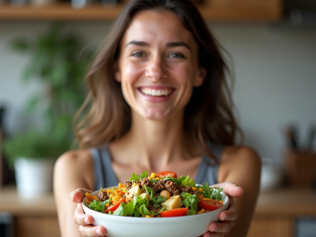 A person happily eating a colorful salad, representing joyful and intuitive eating.