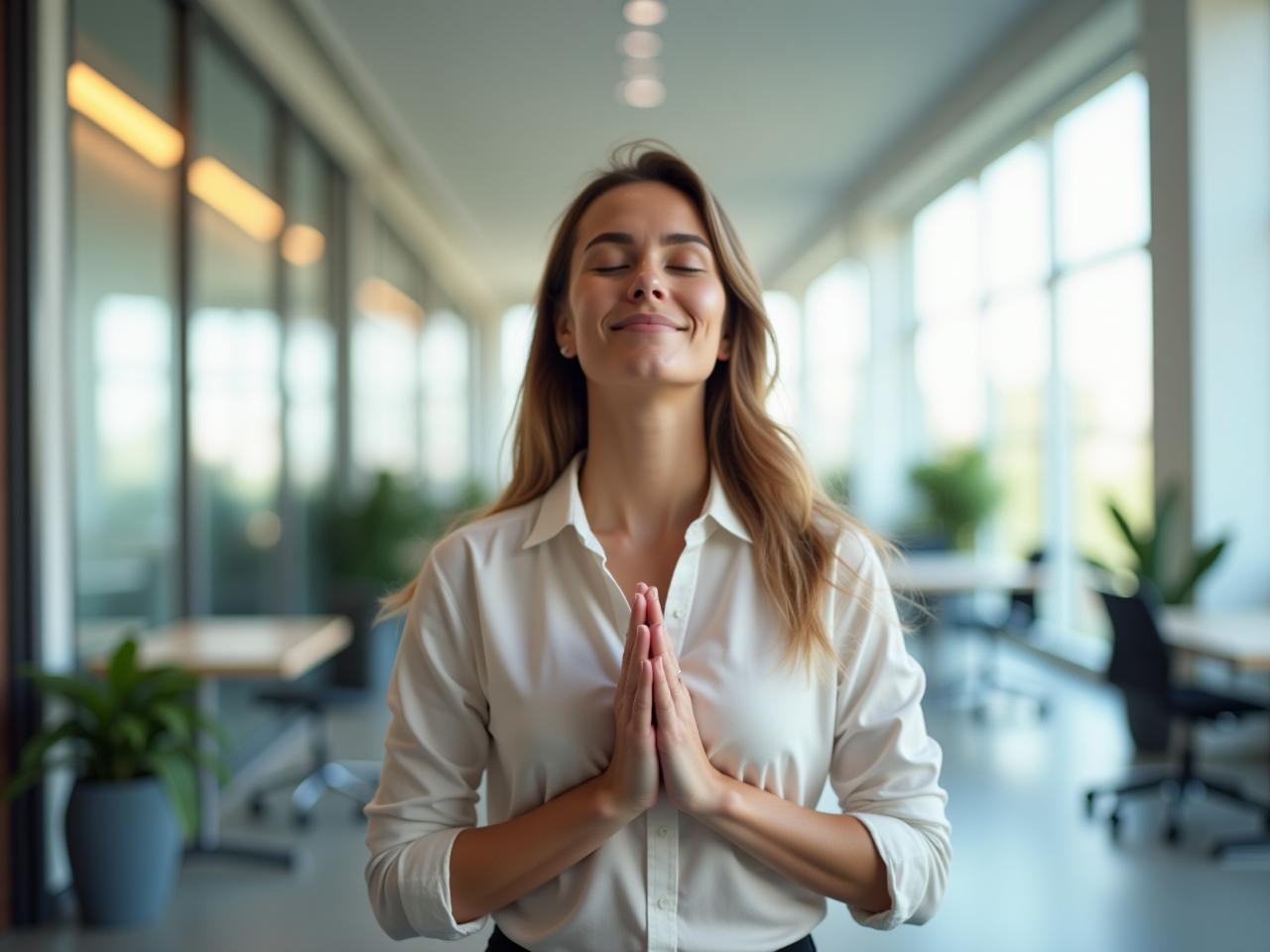 A person taking a mindful break from work, eyes closed and hands relaxed, in a bright and modern office setting. Keywords: energy management, productivity, mindfulness, work-life balance.