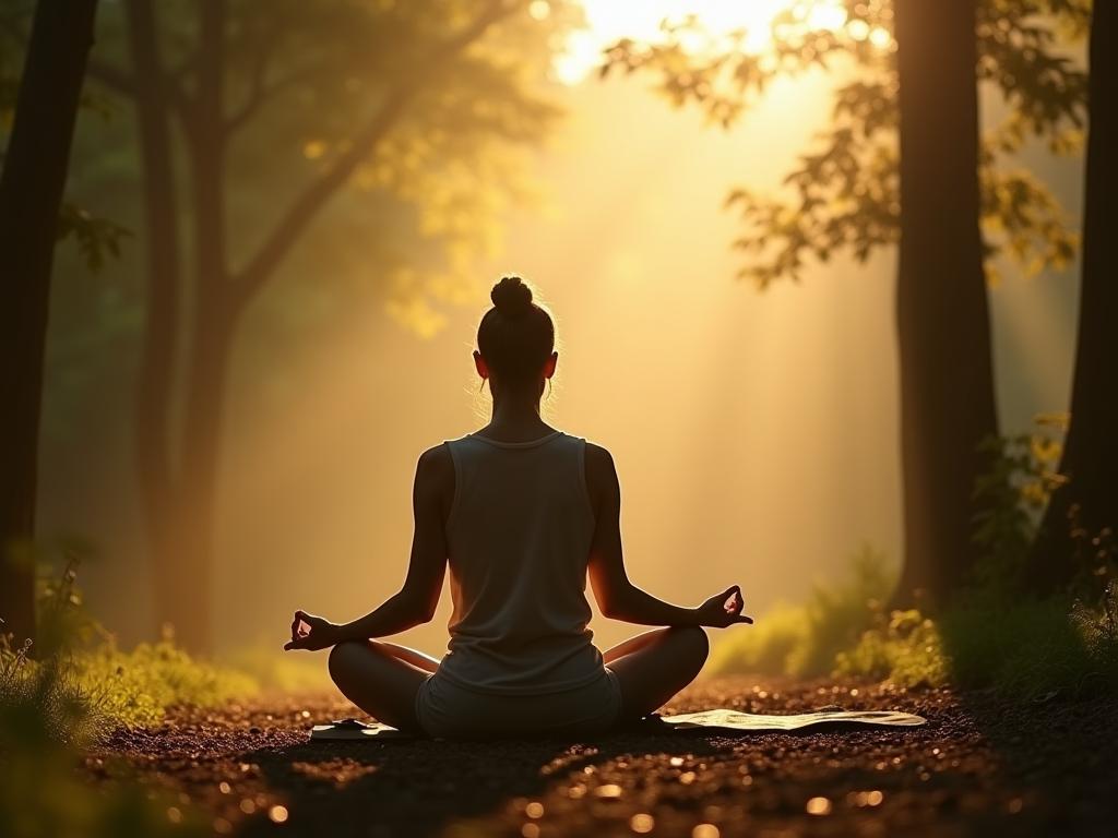 A person meditating in a peaceful natural setting, with sunlight filtering through the trees, symbolizing mindfulness and presence.
