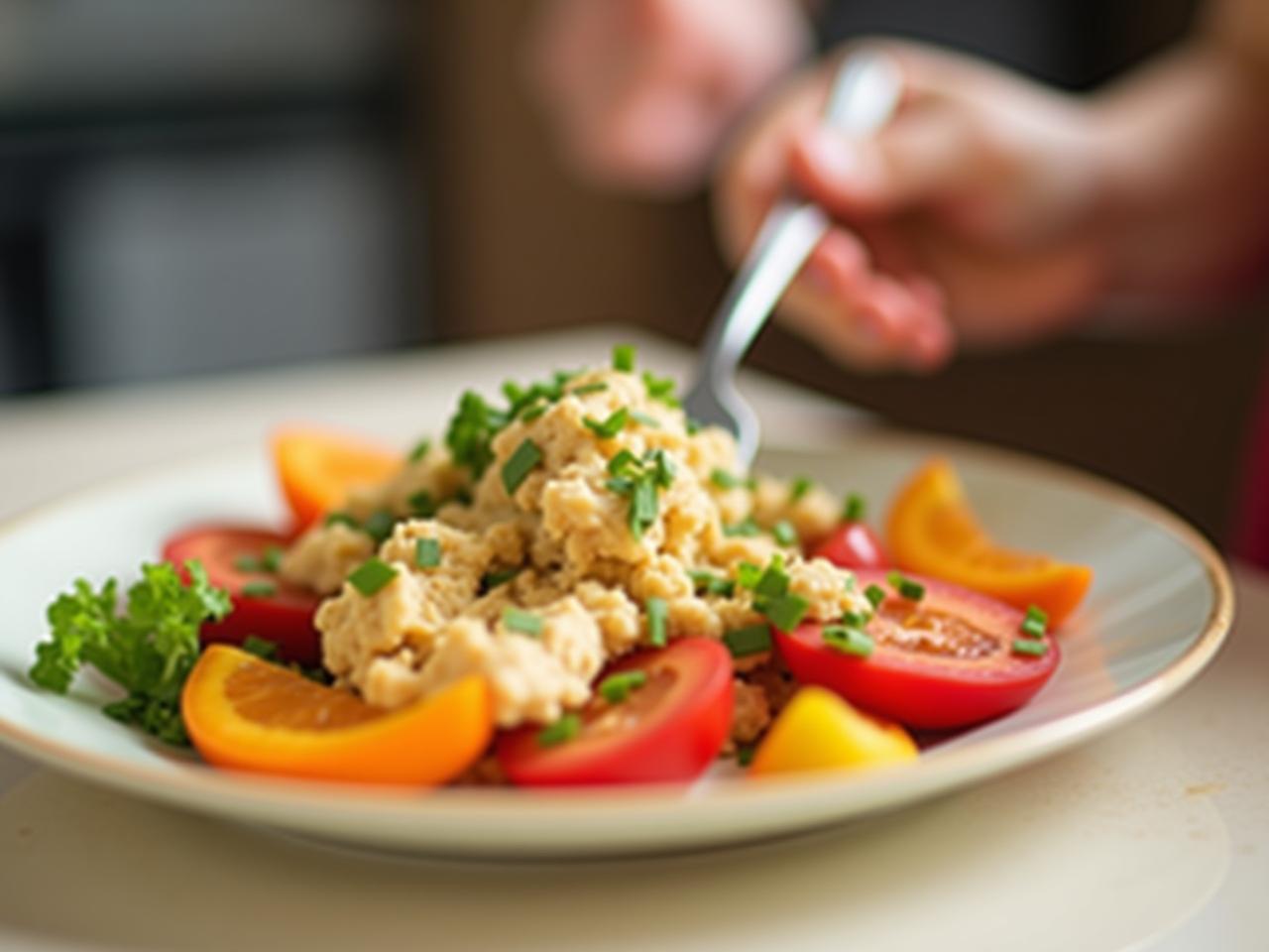 Close-up shot of a person mindfully enjoying a colorful and healthy meal, emphasizing intuitive eating principles.