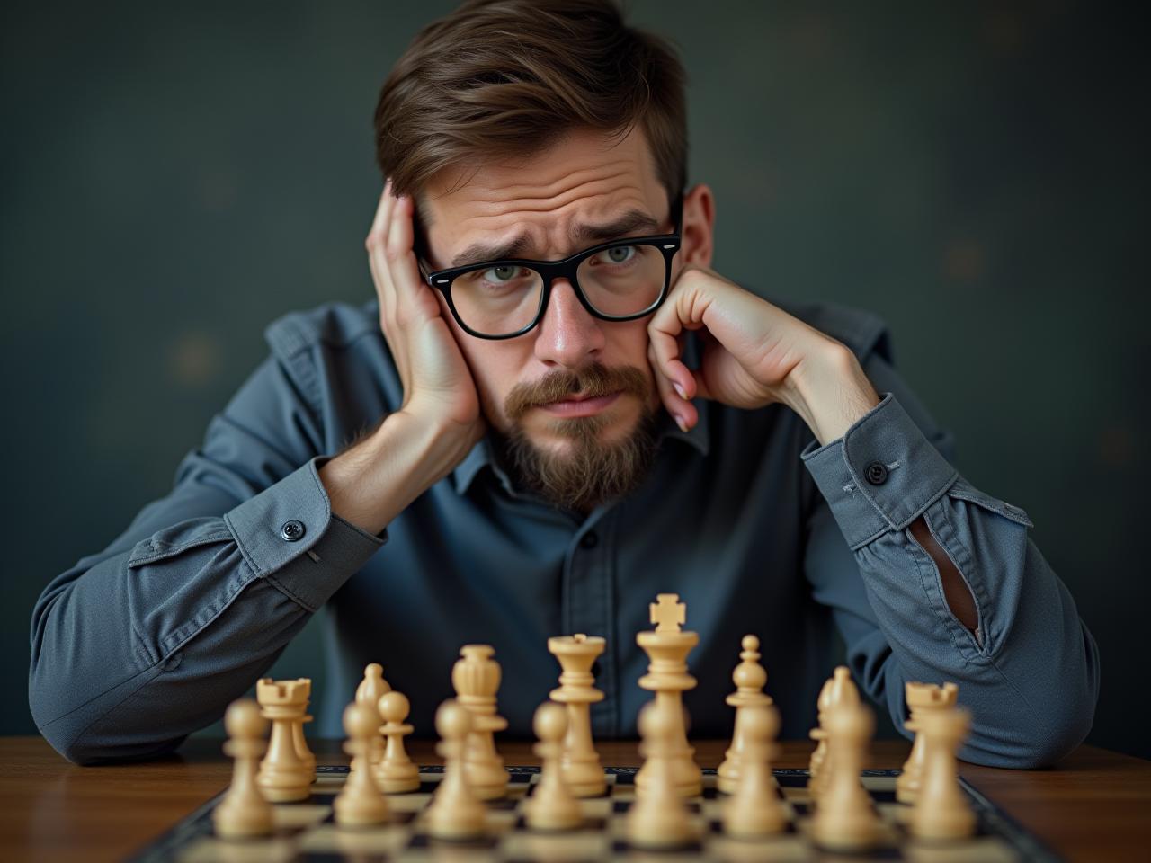 A person wearing glasses contemplating in front of a chessboard, representing the strategic thinking needed to overcome the halo effect, inspired by Daniel Kahnemans Thinking, Fast and Slow.