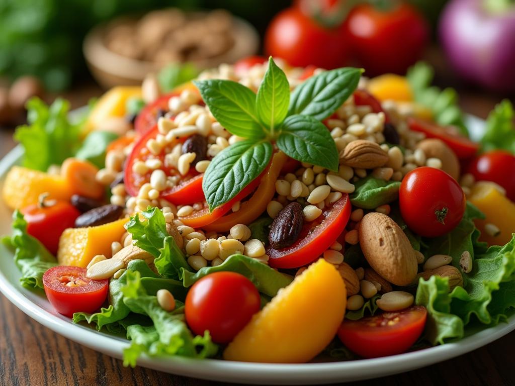 Close-up shot of a colorful salad with various whole foods like vegetables, fruits, nuts, and seeds. The image conveys freshness, health, and the concept of whole foods nutrition.