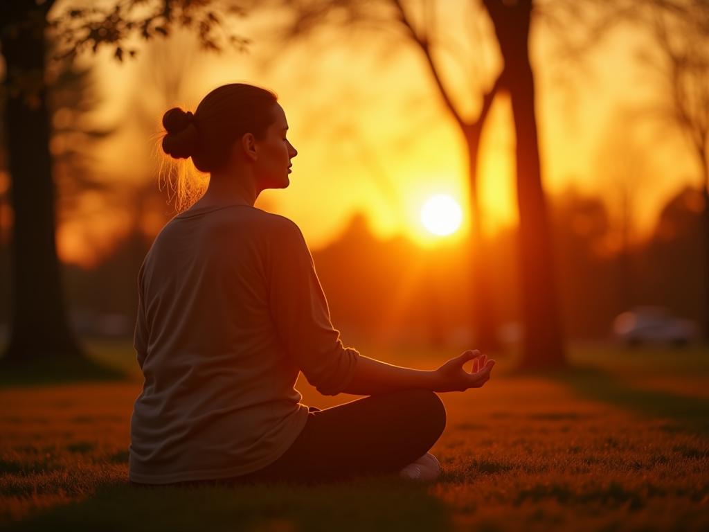 Woman meditating peacefully in a park at sunset, representing the concept of rest and mindfulness.