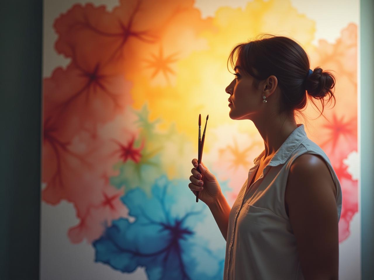 An image showing a person holding a paintbrush in front of a colorful canvas, symbolizing creativity and overcoming creative blocks, inspired by Julia Camerons The Artists Way and shadow work.