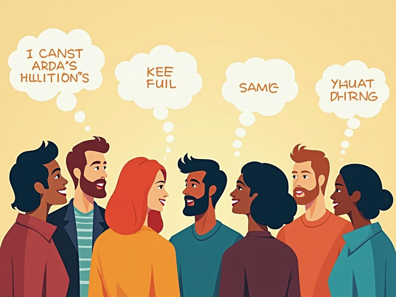 A diverse group of people engaged in a lively conversation, with thought bubbles illustrating different interpretations of the same words.