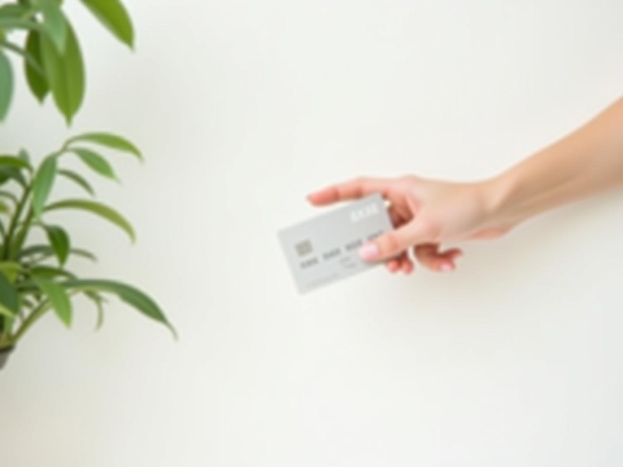 A minimalist image of a hand stopping another hand from reaching for a credit card. The background is a clean, white surface with a single green plant in the corner.
