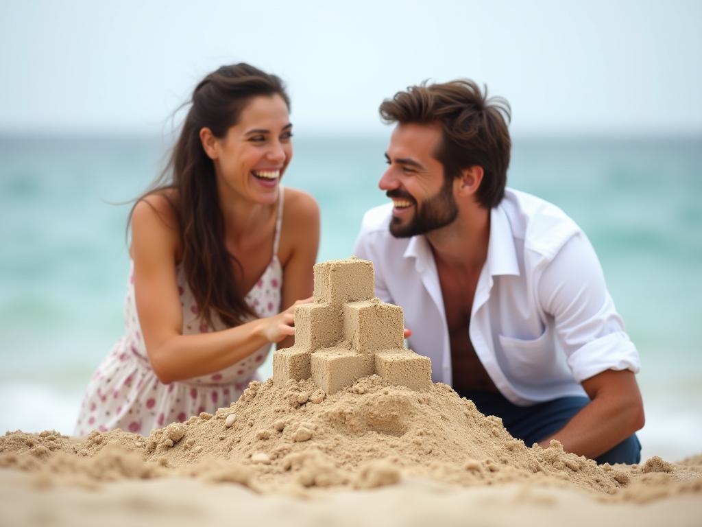 Couple laughing and building a sandcastle together on the beach, symbolizing building a shared future and experiences.