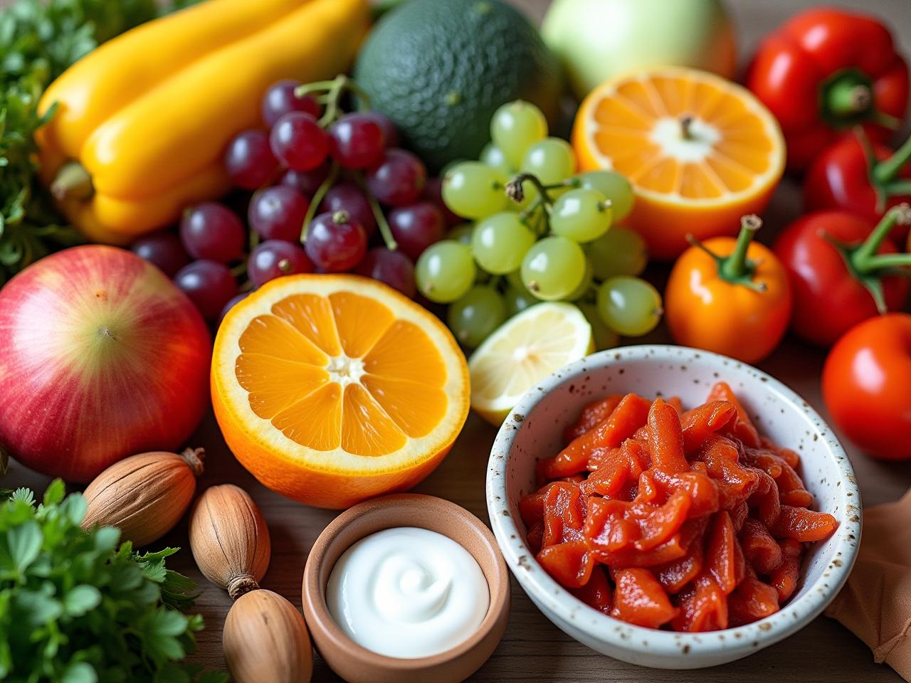 A colorful image of a diverse selection of fresh fruits, vegetables, and fermented foods like yogurt and kimchi, representing a healthy and balanced diet for gut health and microbiome support.