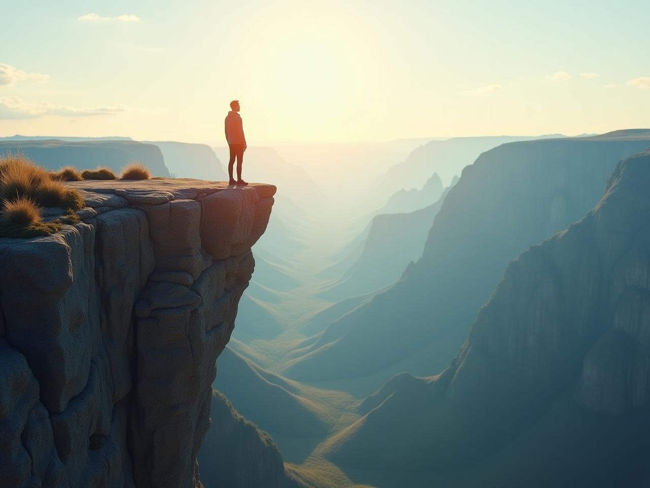 Person standing at the edge of a cliff, looking out at a vast landscape, symbolizing overcoming fear and achieving goals. The image should convey a sense of accomplishment and freedom.