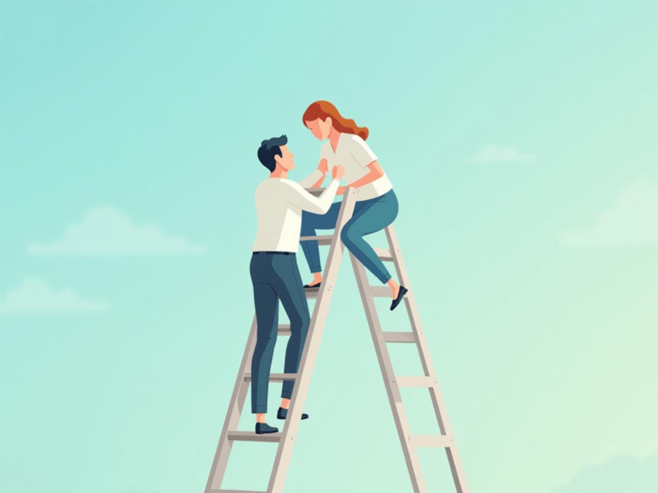 A leader helping a team member climb a ladder, symbolizing adding value to others. The sky is the limit!