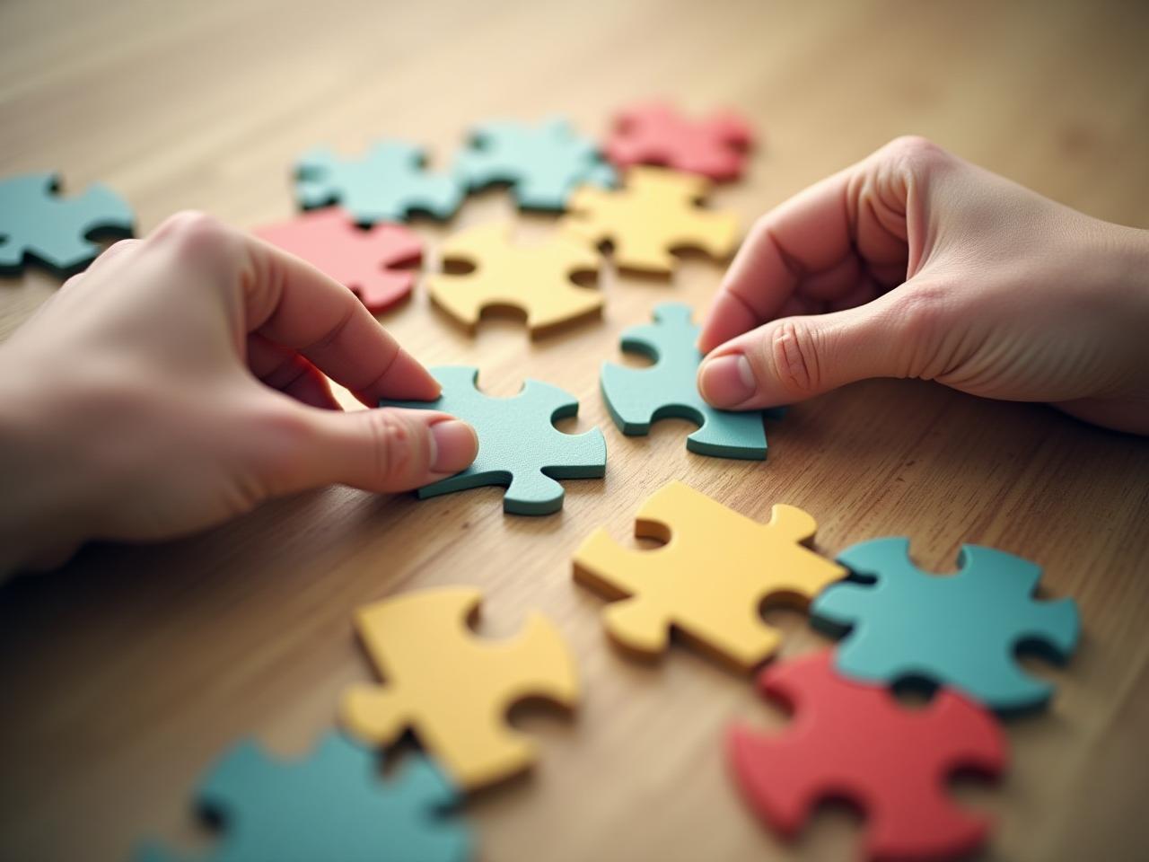 Close up of hands connecting puzzle pieces, representing habit stacking and personal growth from Atomic Habits by James Clear.