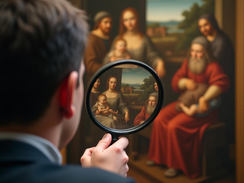 A person looking curiously at a Renaissance painting through a magnifying glass. The image emphasizes curiosity and reevaluation.