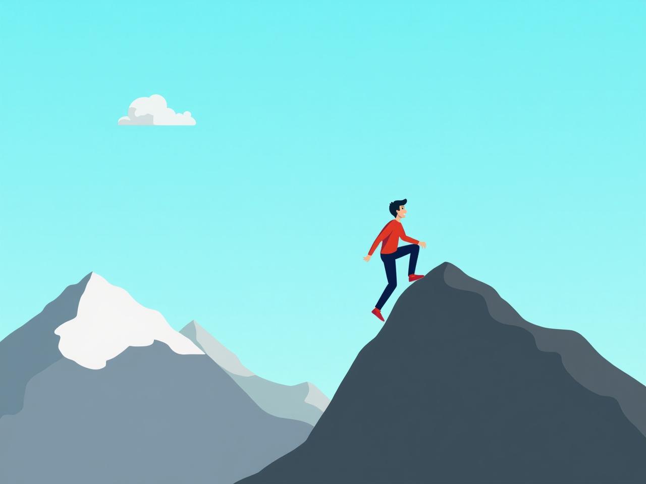 A person climbing a mountain, symbolizing overcoming challenges and fears. Sky is clear and blue, conveying a sense of accomplishment and freedom.  Keywords: overcoming fear, challenges, mountain climbing, success, personal growth.