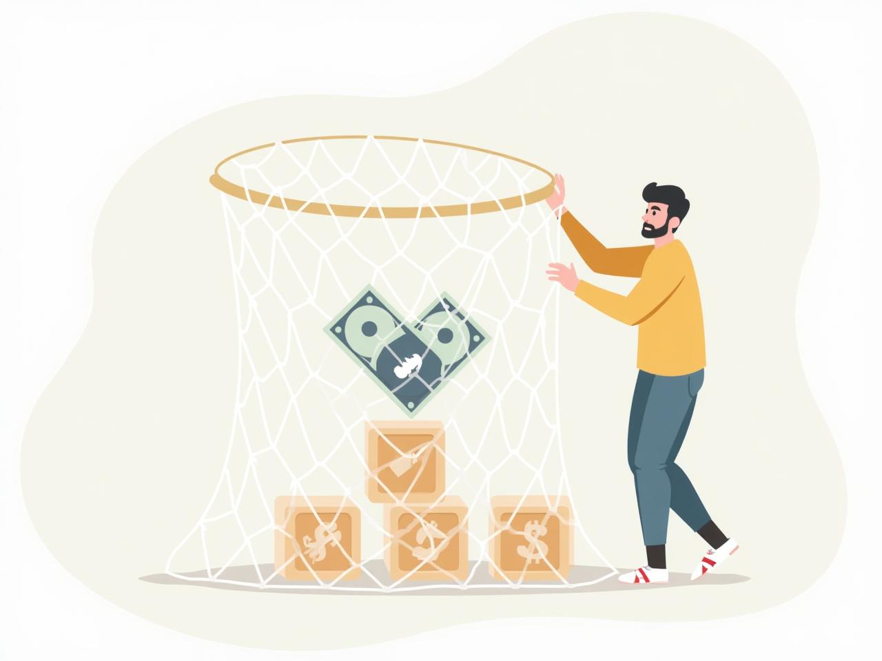 An illustration of a person building a financial safety net with insurance policies as building blocks, symbolizing financial security and future protection.