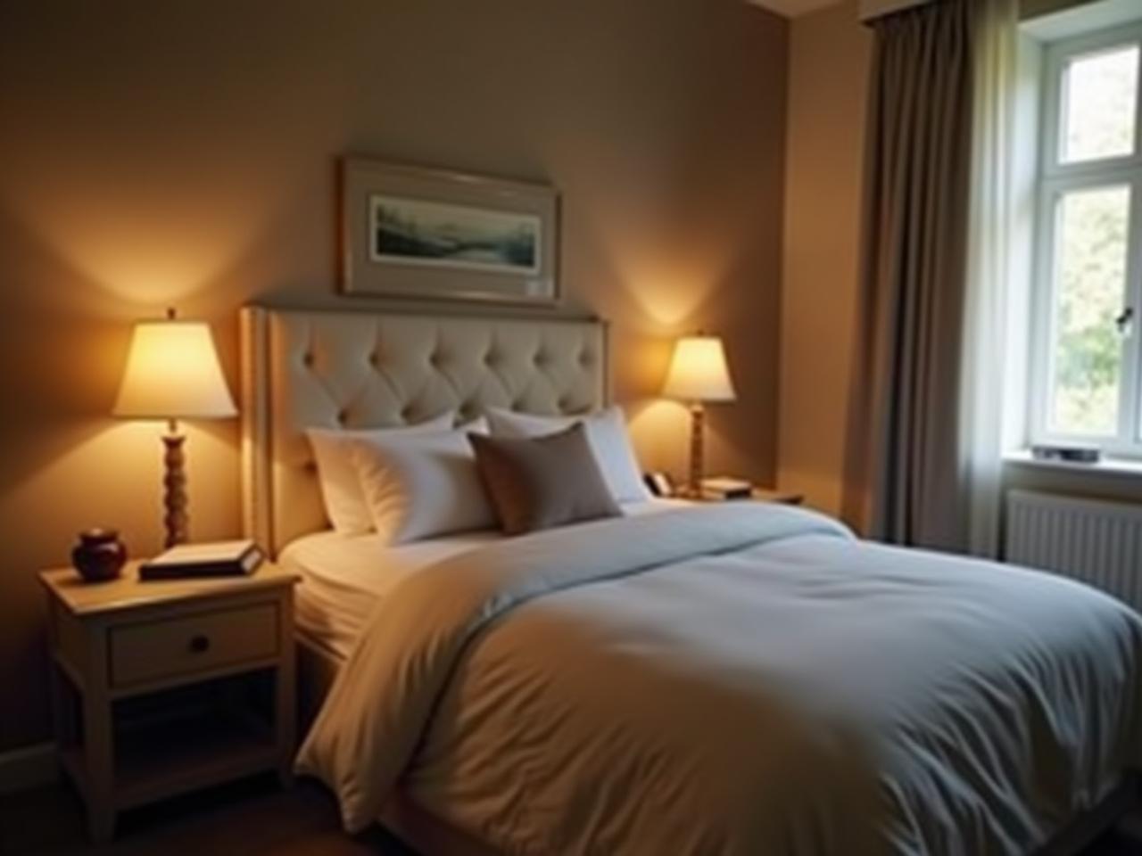 A cozy bedroom with a comfortable bed, soft lighting, and a book on the nightstand, symbolizing a peaceful and restful sleep environment.