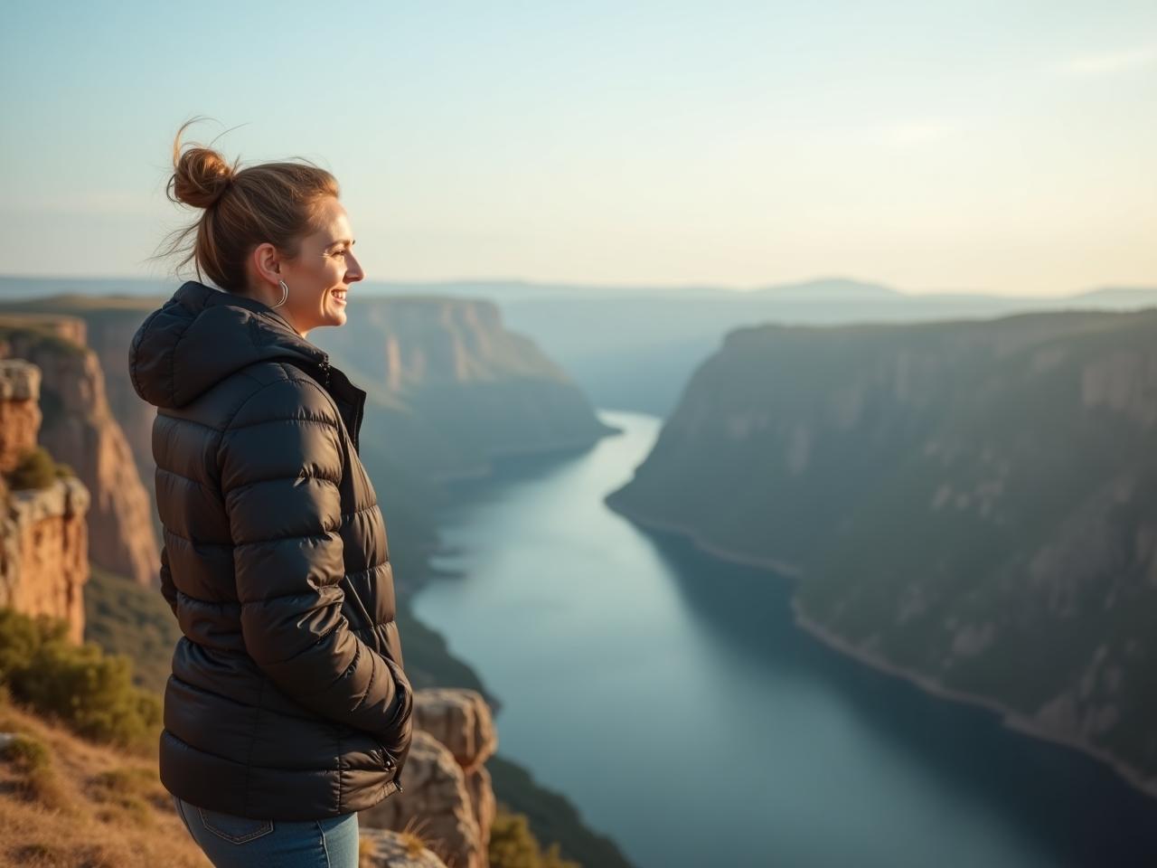 Woman standing on a cliff, looking at a breathtaking view, smiling confidently. This image symbolizes courage and vulnerability, key concepts discussed in the article about Brene Browns Daring Greatly.