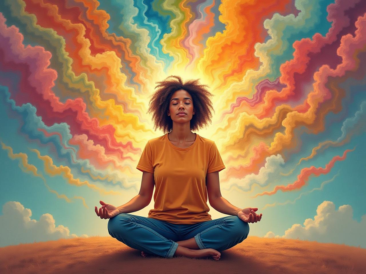 A person meditating with a calm expression, surrounded by colorful representations of emotions.